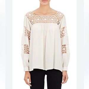 Ulla Johnson Women's Silk Cream Crochet Panels Long Sleeve Peasant Blouse